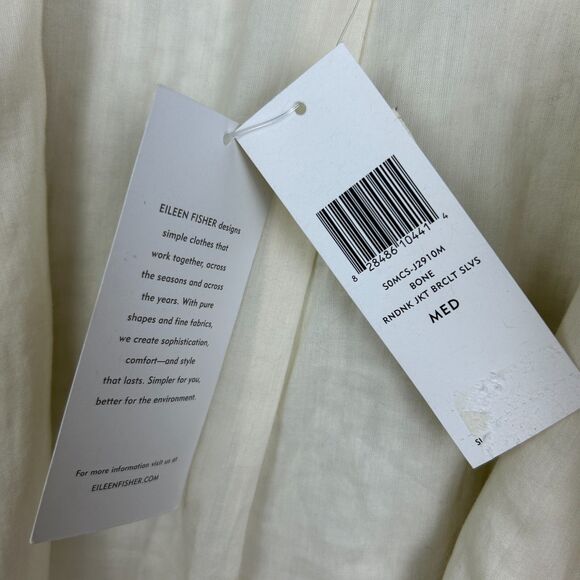 NWT Eileen Fisher Open Front Embroidered Cotton Jacket Blazer Cream Bone Women M - Picture 8 of 11